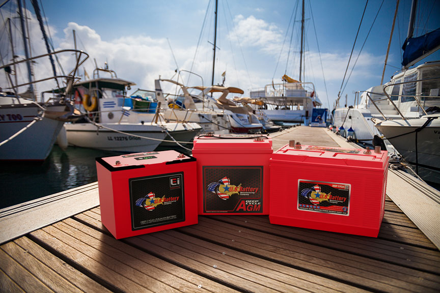 U.S. Battery marine deep-cycle batteries on a dock